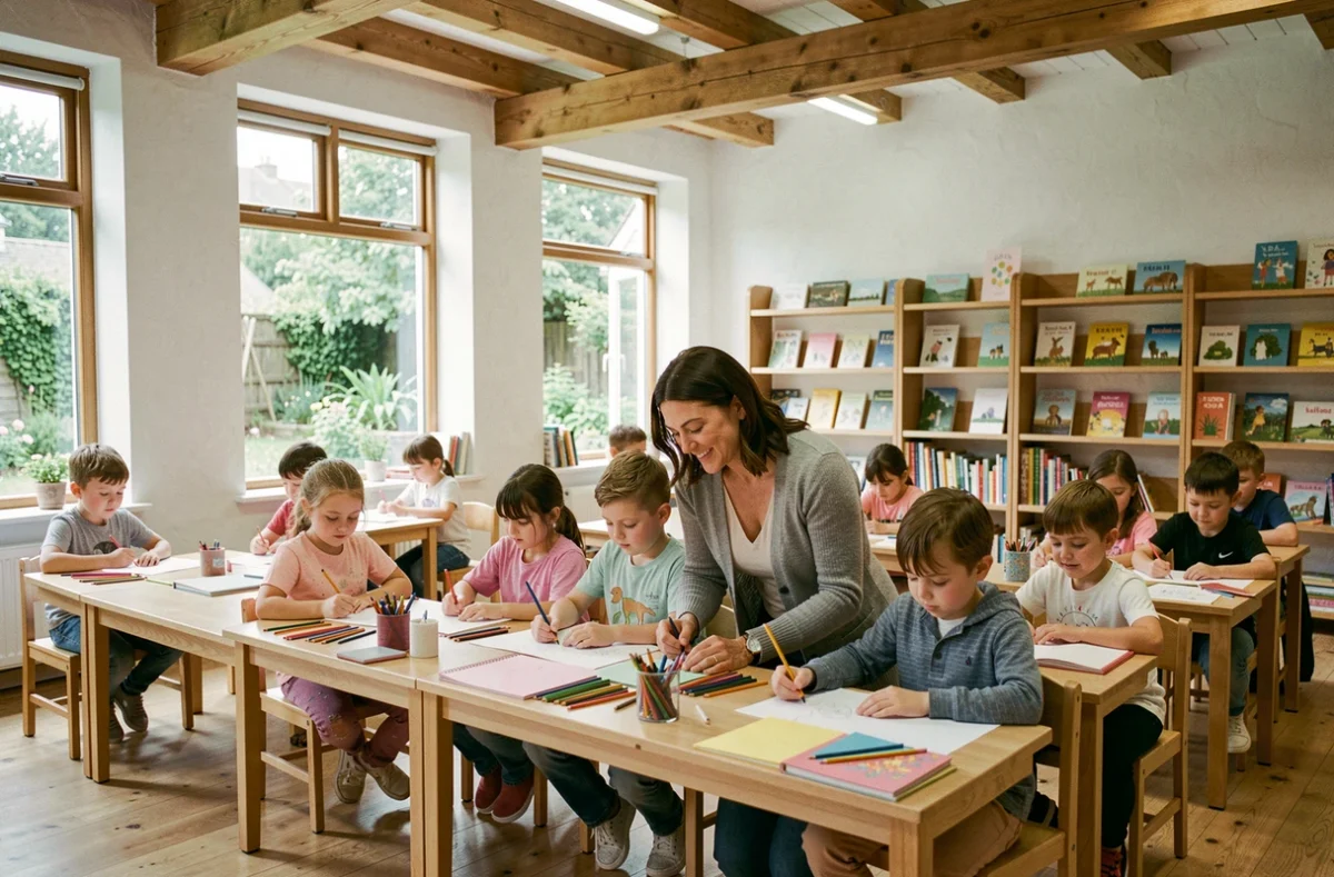 Salle de classe moderne dans une école scandinave avec des enfants dessinant, illustrant l'excellence des systèmes éducatifs pour les familles