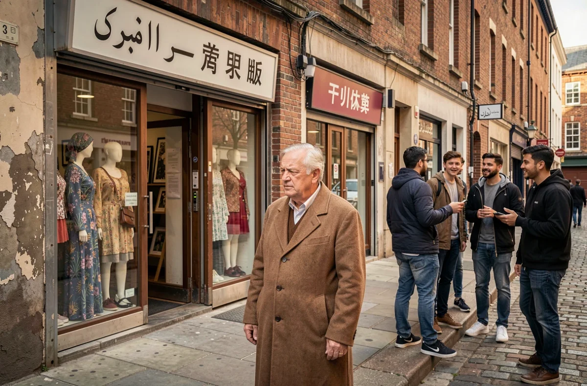 Habitant local perplexe devant des commerces étrangers dans une rue urbaine européenne, symbolisant les défis d'intégration culturelle