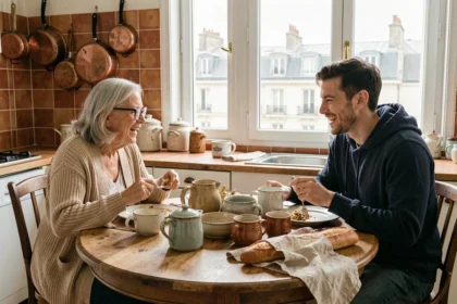 Une femme âgée et un jeune homme partagent un repas dans une cuisine parisienne, illustrant la colocation intergénérationnelle