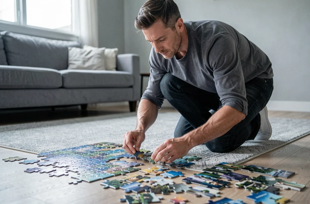 Homme assemblant le cadre extérieur d'un grand puzzle posé sur le sol d'un salon, vue en contre-plongée