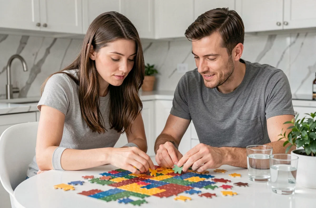 Couple triant ensemble des pièces de puzzle par couleur sur une table ronde dans une cuisine moderne