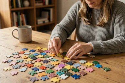 Femme triant les pièces d'un puzzle par couleur sur une table en bois, atmosphère chaleureuse et concentrée