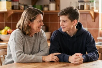 Mère et adolescent en conversation bienveillante autour de la table de cuisine, illustrant une communication positive au quotidien