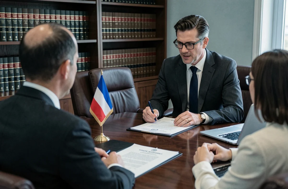 Conseiller juridique expliquant les inconvénients du PACS à un couple lors d'une consultation officielle