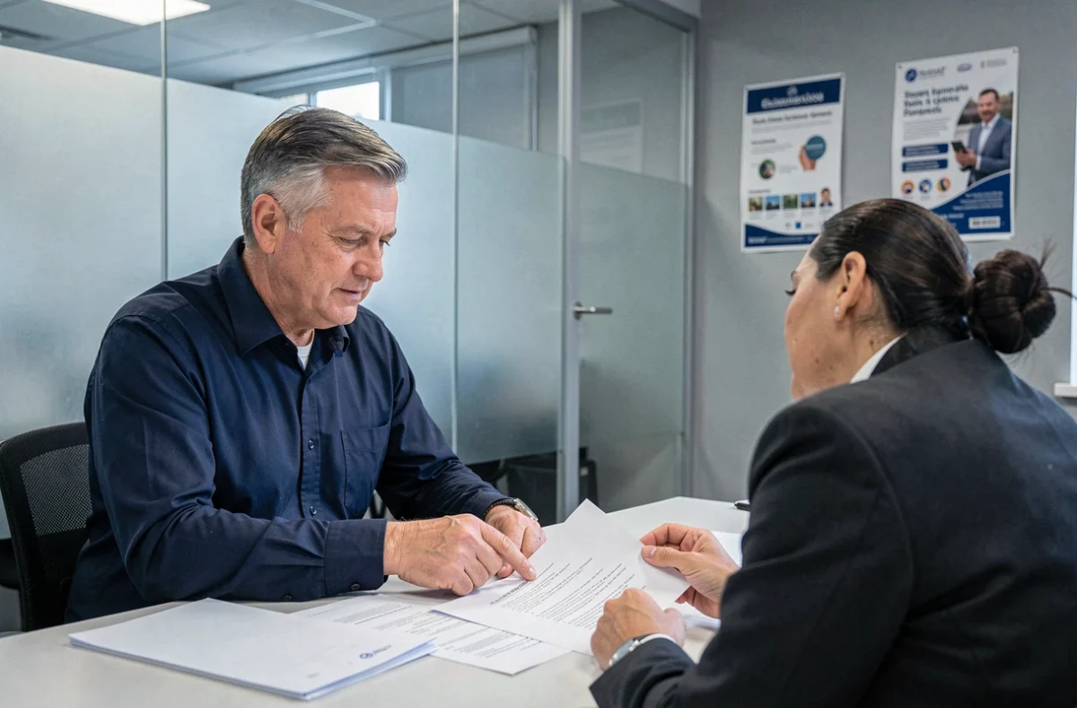 Homme consultant un conseiller retraite dans une agence administrative pour comprendre son relevé de carrière