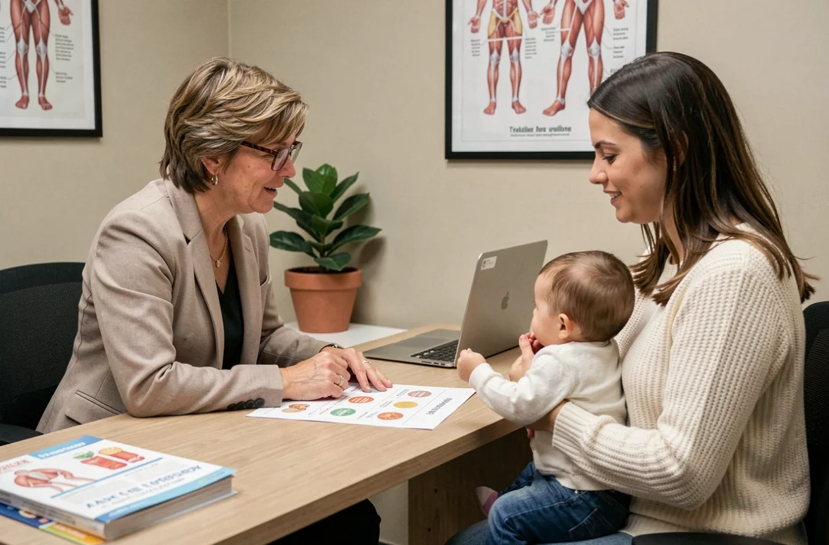 Nutritionniste conseillant une mère sur l'alimentation pendant l'allaitement avec un bébé en consultation