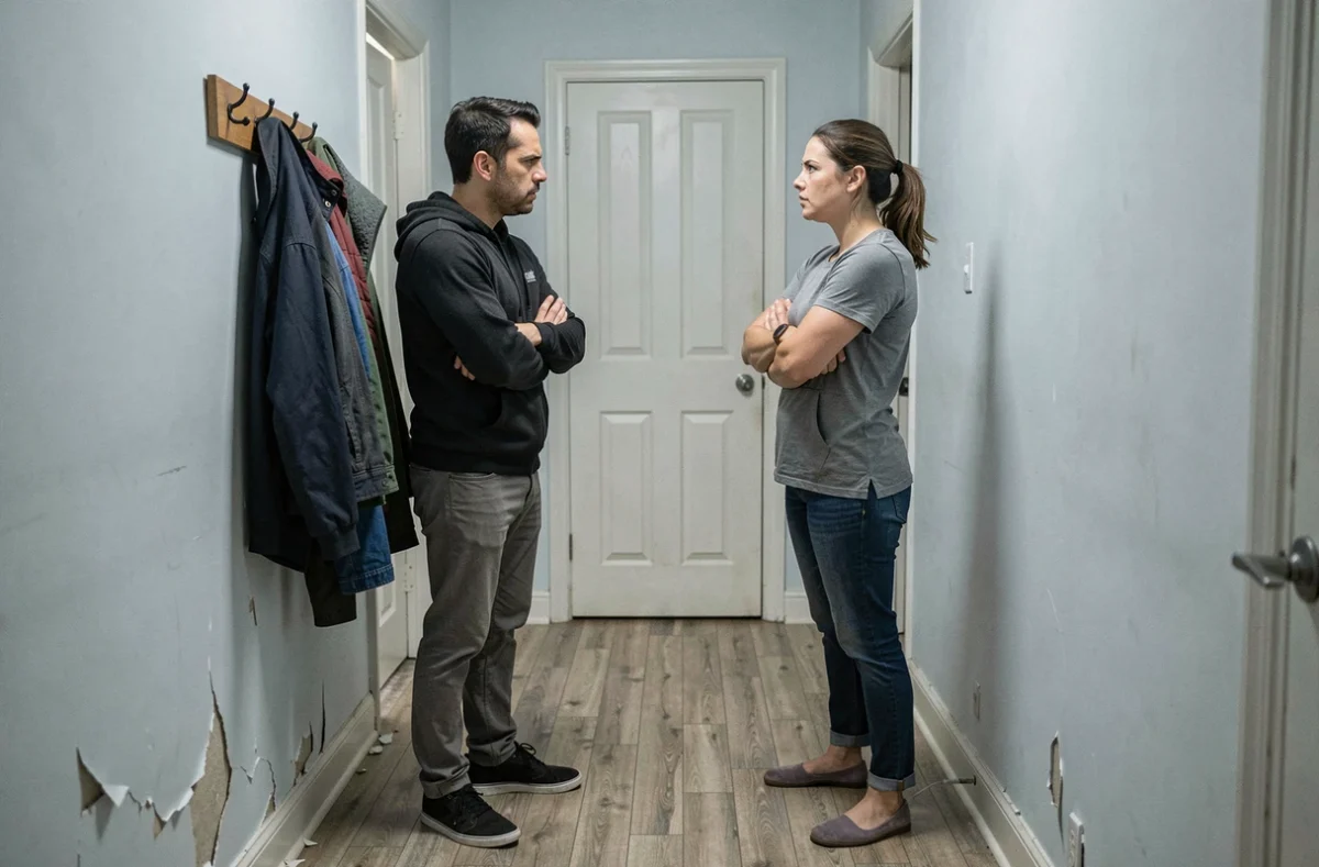 Couple en tension dans un couloir d'appartement, illustrant les conflits conjugaux liés au stress familial