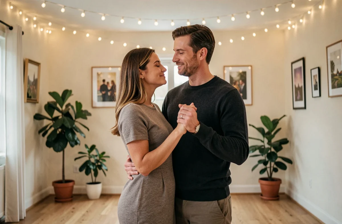 Couple dansant tendrement dans leur salon décoré pour une soirée romantique mémorable à deux