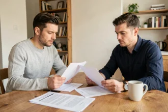 Couple examinant des documents juridiques liés au PACS autour d'une table en bois dans un appartement moderne