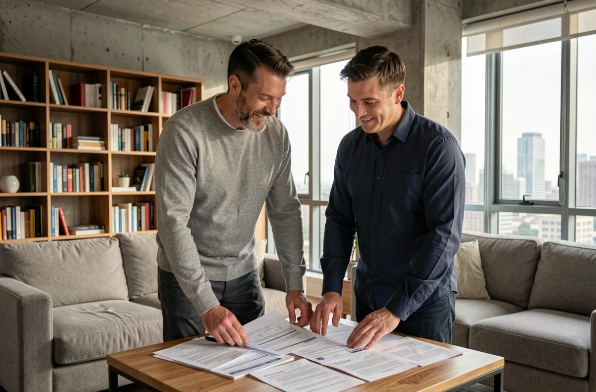 Couple homosexuel masculin dans un appartement moderne consultant des documents familiaux, illustrant la diversité des situations de famille
