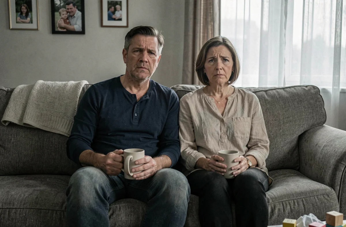 Couple de parents épuisés assis sur un canapé sans se regarder, exprimant la détresse du burn-out parental