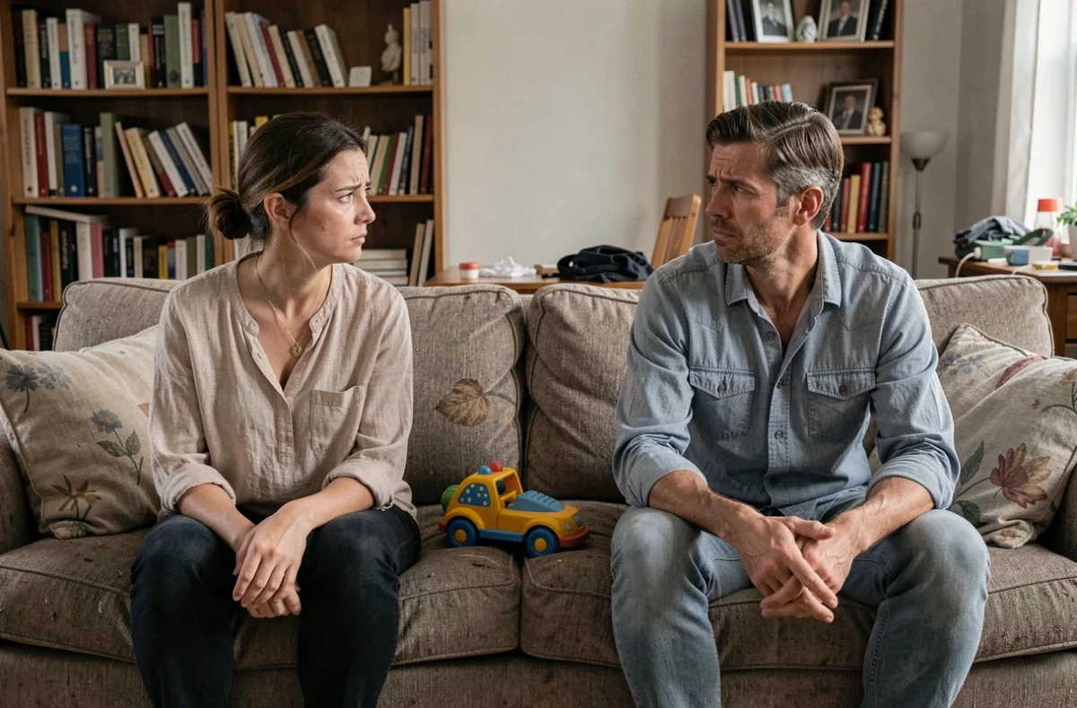 Couple de parents épuisés assis aux extrémités opposées d'un canapé, illustrant la tension et la détresse parentale au sein du foyer