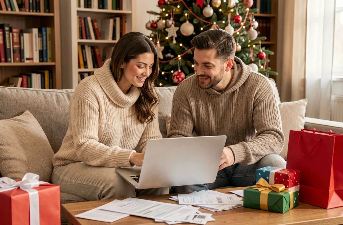 Couple planifiant ensemble leur budget cadeaux de Noël avec un ordinateur portable et des cadeaux sur une table basse