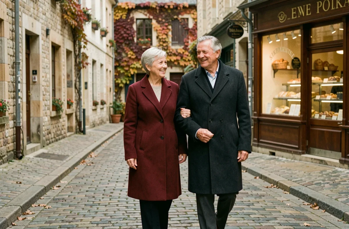 Couple élégant de seniors se promenant dans une rue pavée d'une ville provinciale française en automne