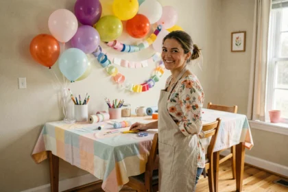 Mère souriante décorant la salle à manger avec des ballons colorés pour un anniversaire d'enfant à la maison