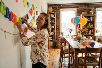Femme décorant son salon avec des guirlandes en papier colorées pour un anniversaire fait maison avec un petit budget