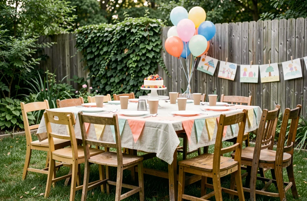 Table d'anniversaire décorée dans un jardin pour une fête d'enfants en plein air avec ballons et banderoles