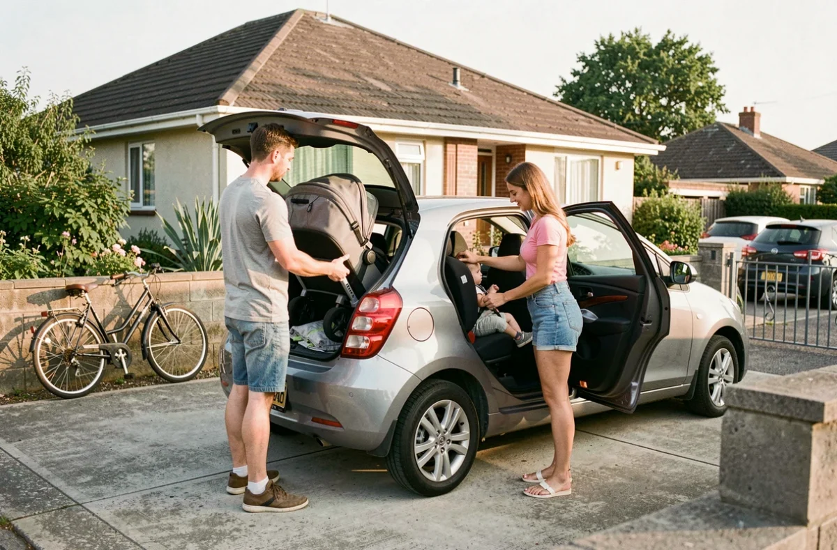 Couple avec un bébé qui charge une voiture familiale pour un départ en vacances