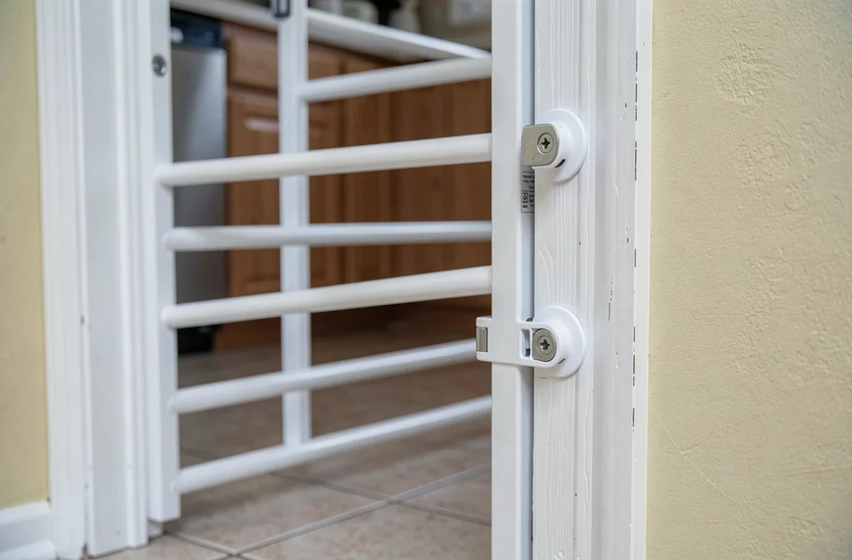 Gros plan sur une barrière de sécurité bébé à pression installée dans un encadrement de porte vers la cuisine
