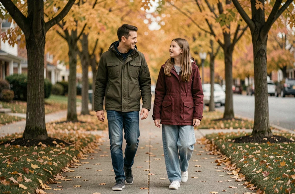Père et adolescente marchant ensemble en plein air, échangeant avec bienveillance lors d'une promenade automnale