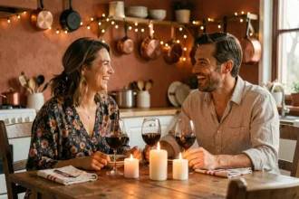 Couple partageant un dîner romantique fait maison aux chandelles pour une soirée inoubliable en amoureux