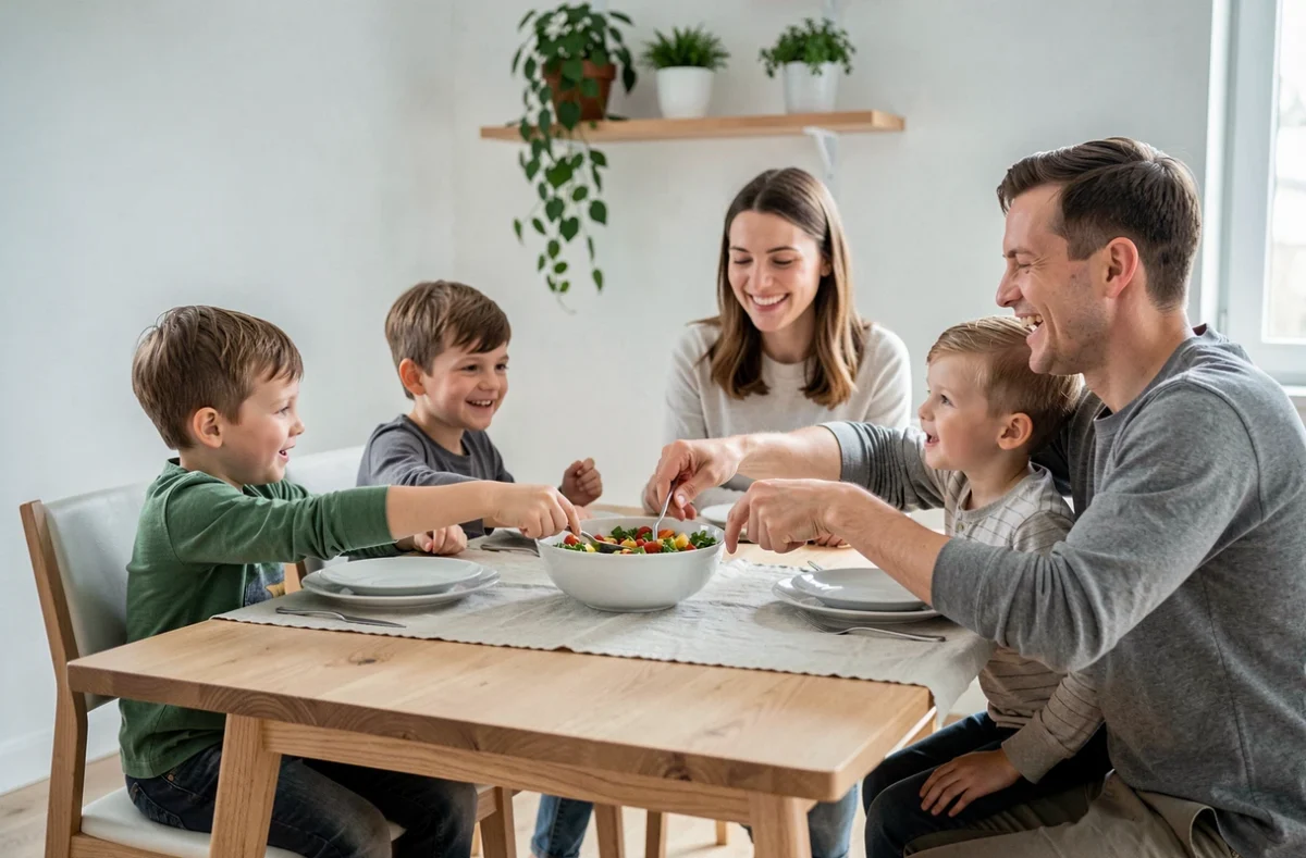 Jeune famille avec deux enfants partageant un dîner en semaine autour d'une table de style scandinave dans un appartement moderne et lumineux