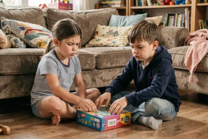 Deux enfants en désaccord devant un jeu de société dans un salon familial, illustrant les petites disputes entre frères et sœurs