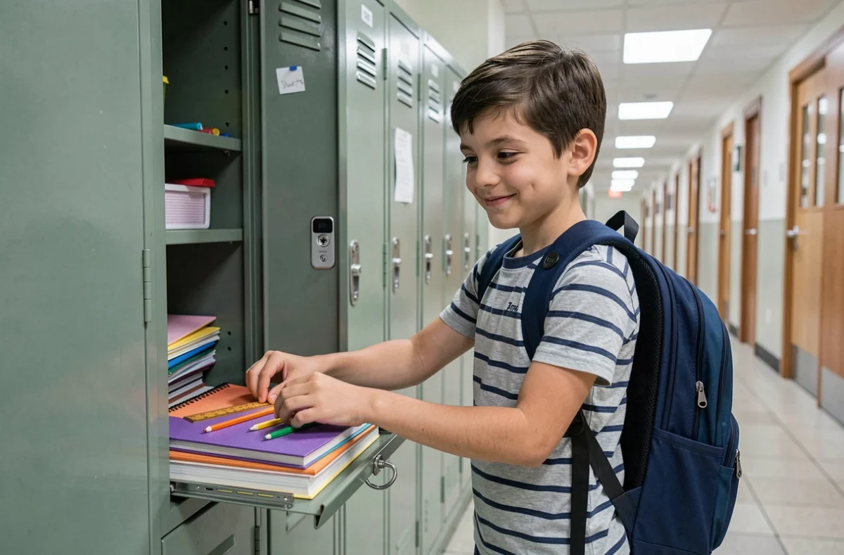 Écolier qui range ses fournitures neuves dans son casier lors de la préparation de la rentrée scolaire