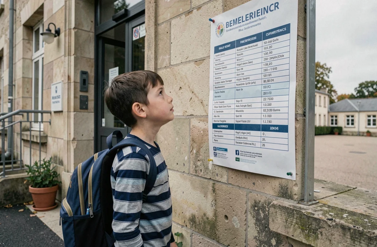 Écolier lisant l'affiche du nouveau calendrier scolaire à l'entrée de son école primaire