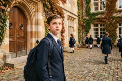 Élève en uniforme scolaire devant l'entrée d'un internat en pierre avec des feuilles d'automne, regard pensif vers les portes en bois