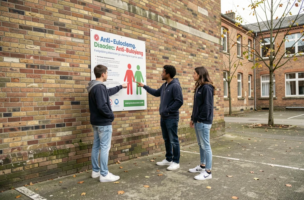 Groupe d'élèves discutant d'une affiche de la campagne nationale contre le harcèlement scolaire