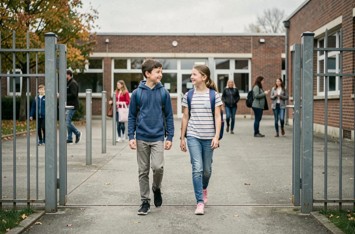 Deux élèves entrant dans la cour d'une école primaire française avec leur cartable, illustrant le contexte de l'assurance scolaire