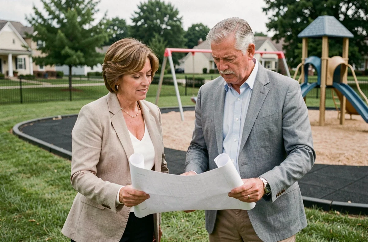 Élus municipaux examinant les plans d'un nouveau terrain de jeux lors d'une visite de chantier dans un espace vert suburban