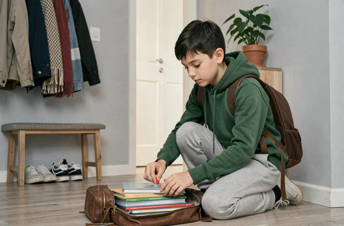 Garçon de 9 ans préparant son cartable seul dans l'entrée de la maison, illustration de l'autonomie scolaire des enfants au quotidien