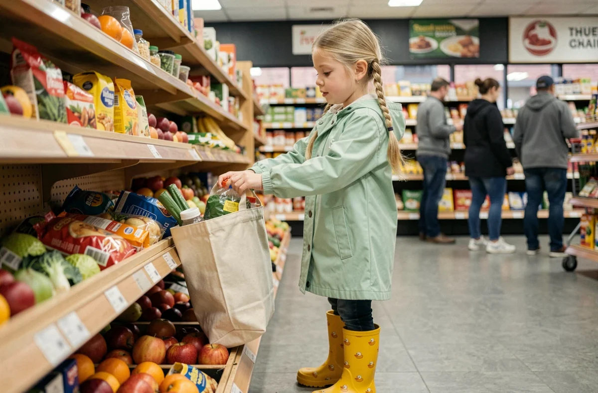 Fillette de 6 ans rangeant des courses seule dans une épicerie de quartier, représentant l'autonomie et la responsabilisation des jeunes enfants