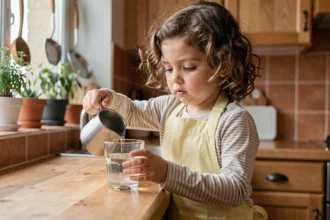Petite fille de 5 ans versant de l'eau seule dans la cuisine, illustrant l'autonomie des jeunes enfants dans les tâches quotidiennes