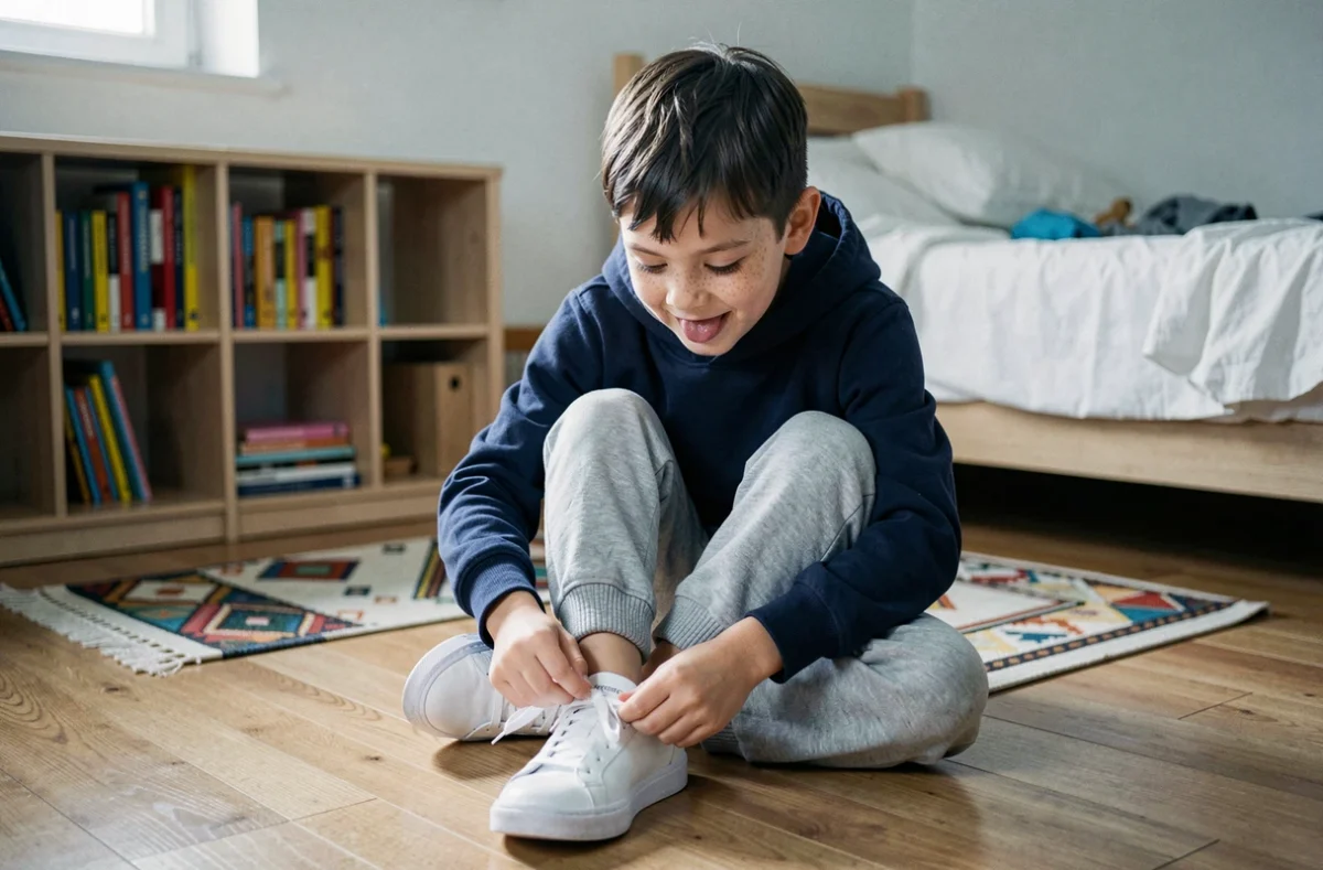 Garçon de 7 ans apprenant à lacer ses chaussures seul dans sa chambre, symbolisant le développement de l'autonomie chez l'enfant