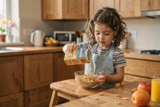 Petite fille de 7 ans préparant son petit-déjeuner seule dans une cuisine familiale moderne, favorisant l'autonomie à la maison