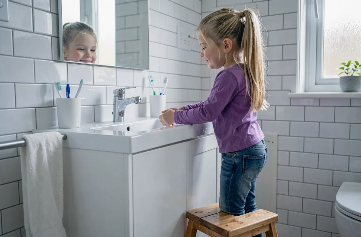 Fillette de 10 ans se lavant les mains seule dans la salle de bain familiale, exemple d'autonomie quotidienne des enfants à la maison