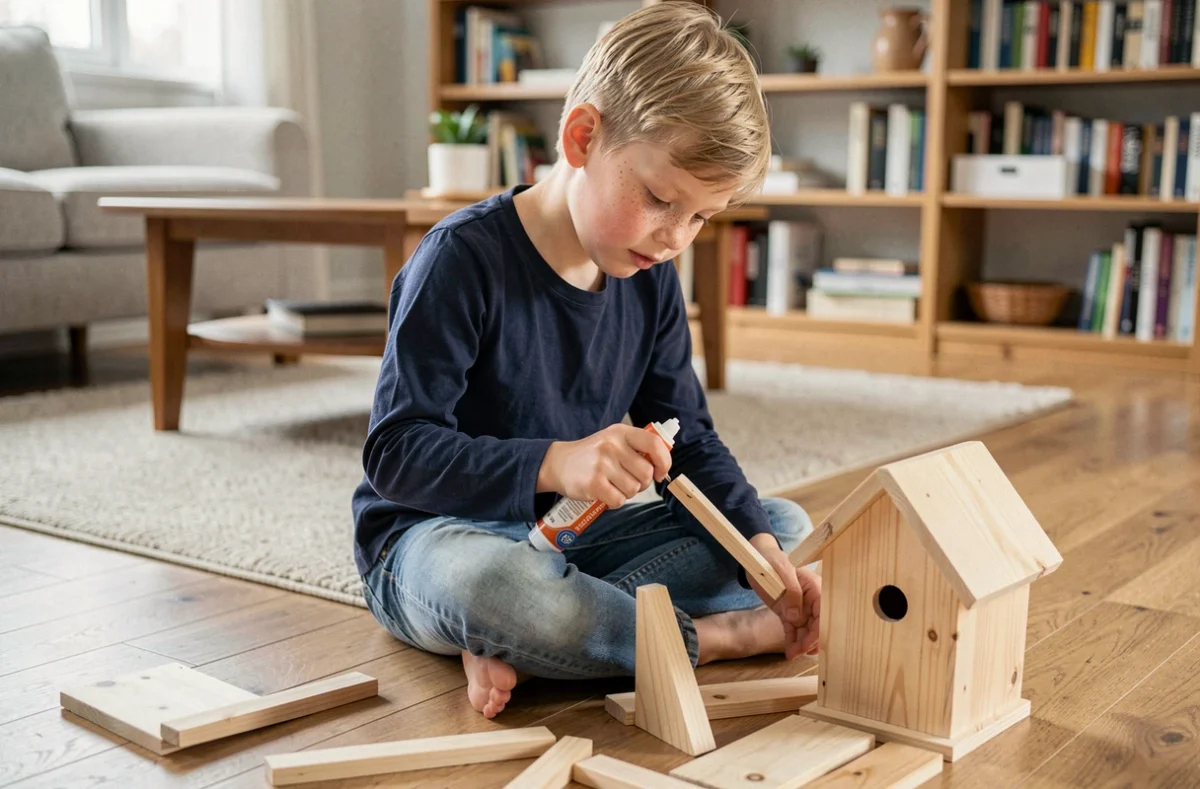 Garçon assemblant une maisonnette en bois sur le sol d'un salon, activité manuelle de construction pour enfant