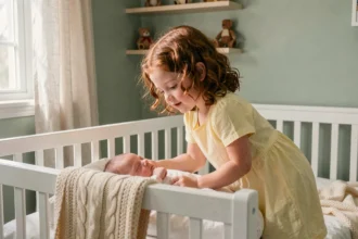 Petite fille de 5 ans regardant avec tendresse son bébé frère ou sœur dans un berceau en bois blanc dans une chambre de bébé apaisante