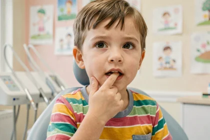 Enfant de 6 ans touchant sa dent qui bouge dans un cabinet dentaire pédiatrique