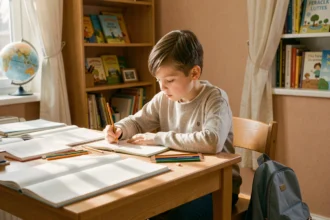 Jeune garçon concentré faisant ses devoirs à son bureau dans sa chambre entourée de cahiers et crayons de couleur