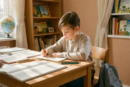 Jeune garçon concentré faisant ses devoirs à son bureau dans sa chambre entourée de cahiers et crayons de couleur