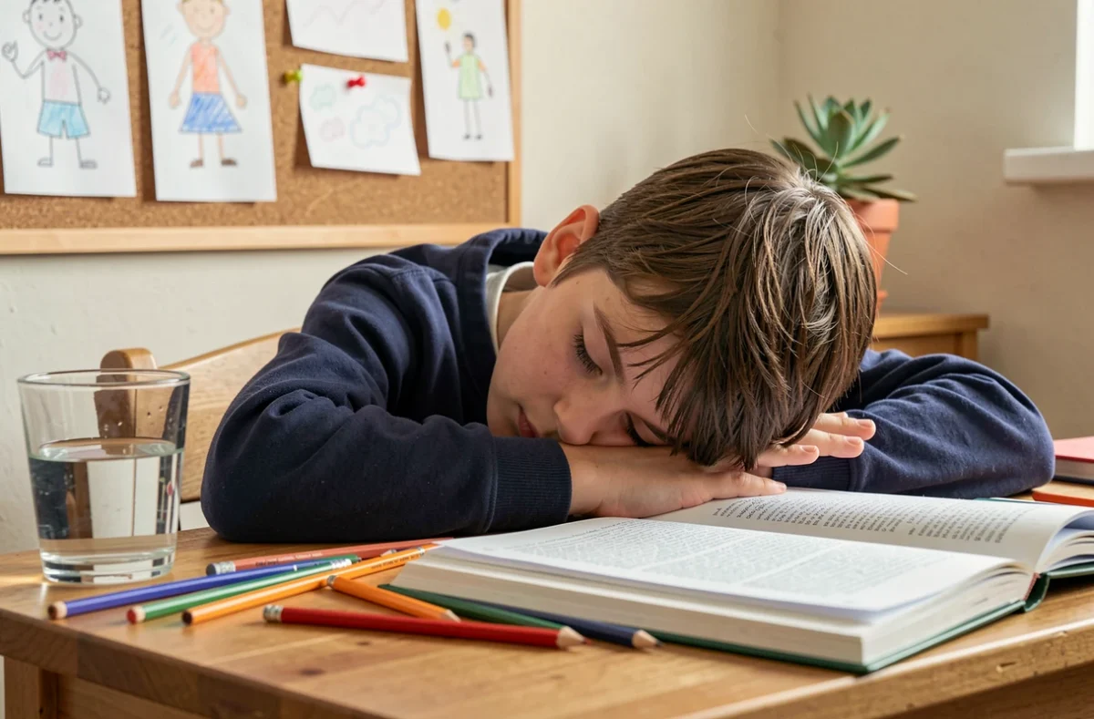 Jeune garçon de 7 ans endormi sur son bureau d'écolier, entouré de livres et crayons de couleur, dans un coin d'étude à la maison
