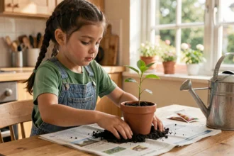 Jeune fille plantant un semis dans un pot en terre cuite, initiation à l'écologie et au jardinage pour enfants