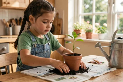 Jeune fille plantant un semis dans un pot en terre cuite, initiation à l'écologie et au jardinage pour enfants