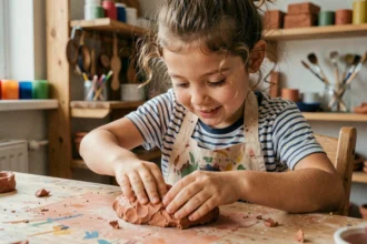 Jeune fille concentrée modelant de l'argile terracotta sur une table en bois dans un atelier créatif coloré