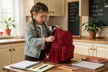 Jeune fille préparant son cartable avec soin sur une table de cuisine en bois, entourée de fournitures scolaires organisées pour la rentrée
