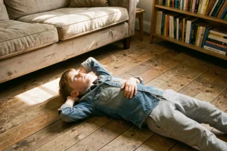 Jeune garçon allongé sur le sol en bois, regardant le plafond, illustrant l'ennui créatif chez l'enfant